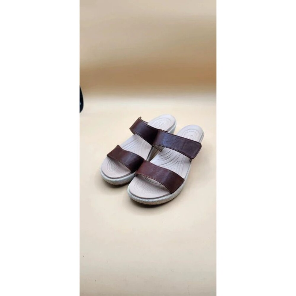 Crocs Womens 6M A-Leigh Brown Leather Tan Linen Wedge Heel Slide Sandals